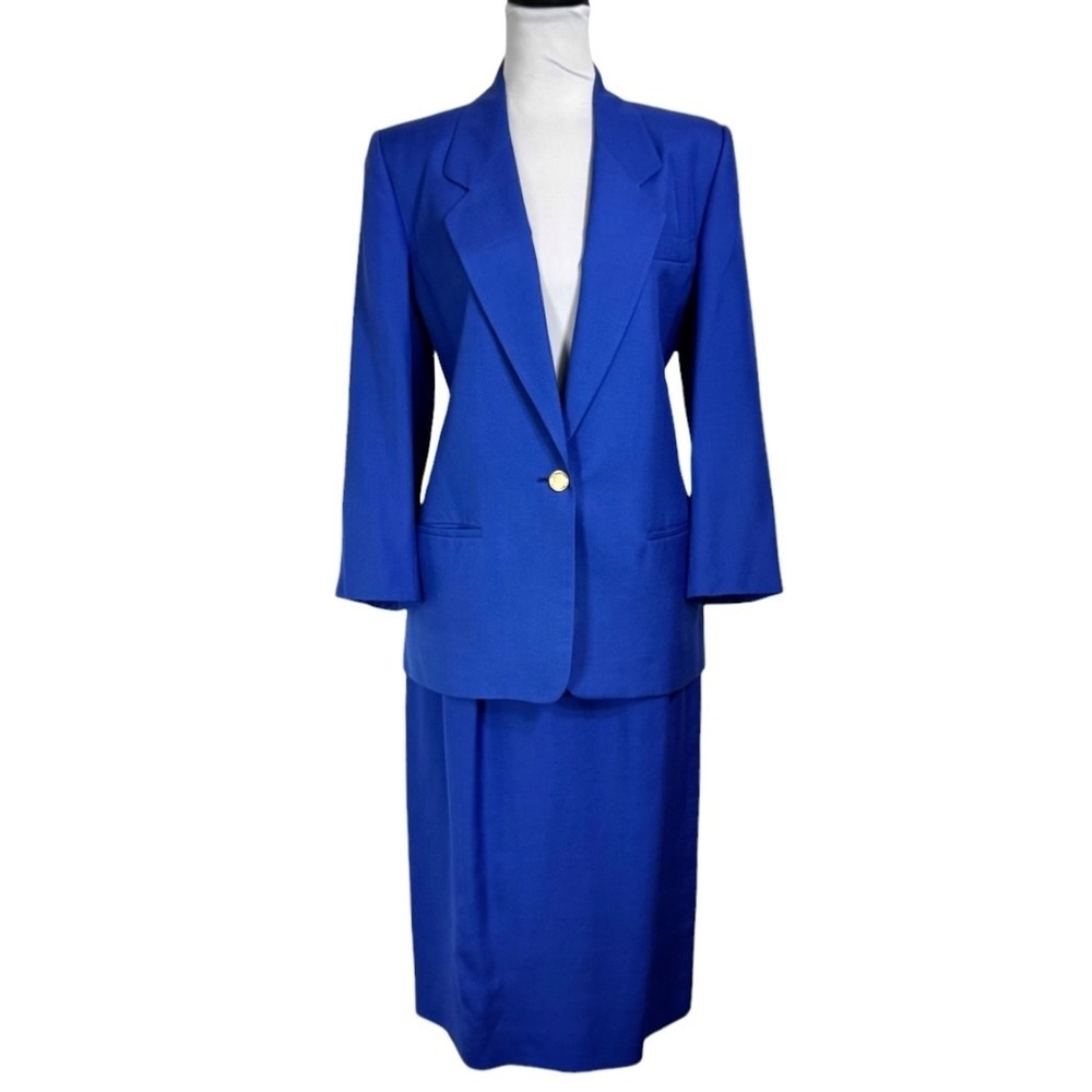 Vintage Talbots Midi Skirt Suit‎ Size 10 P Blue Gold Button Blazer 2 Pc Set USA